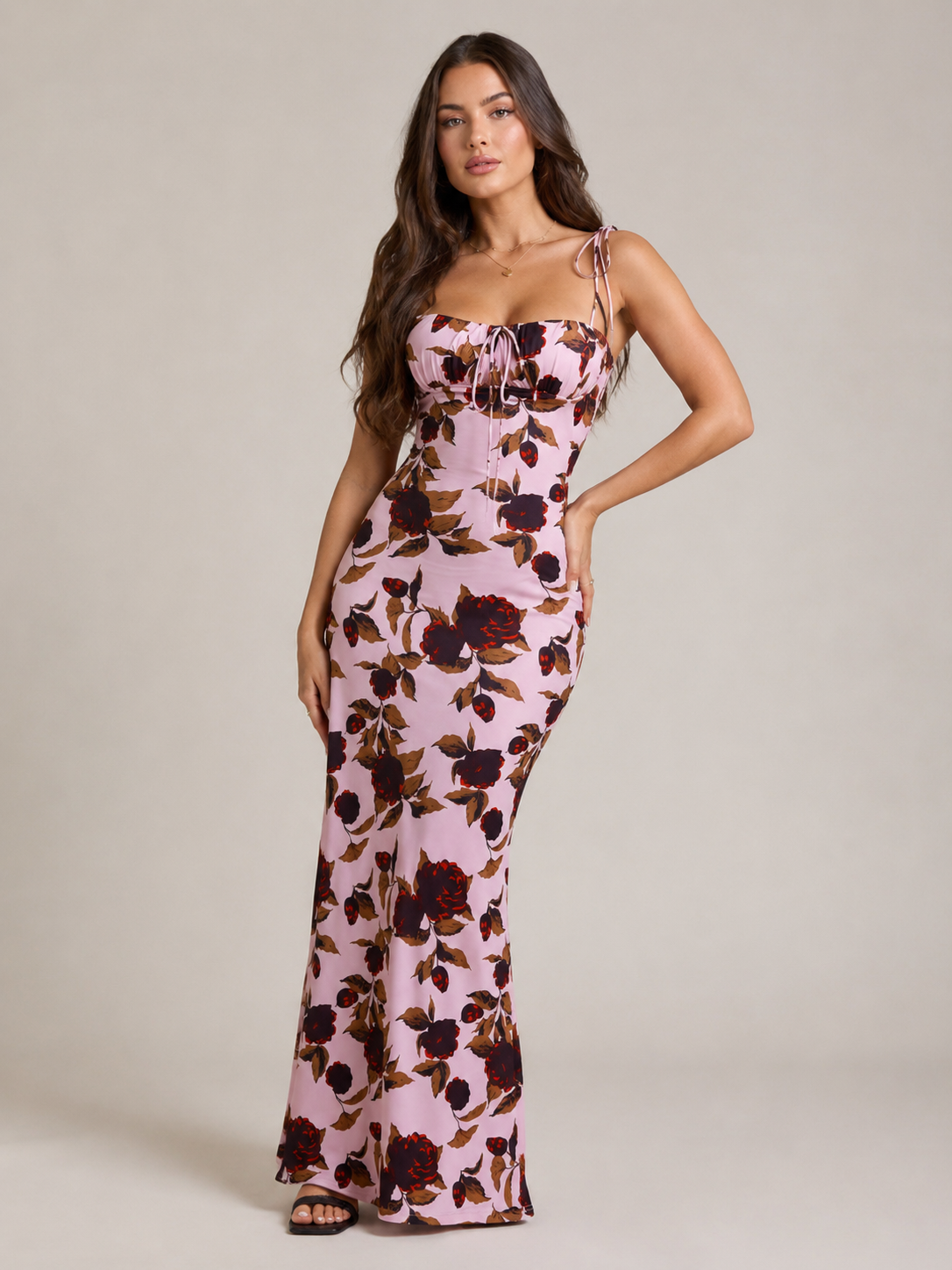 Niebieska Sukienka Maxi w Kwiaty | Sukienka Damska | Detale Kokardy | Elegancka Sukienka Letnia