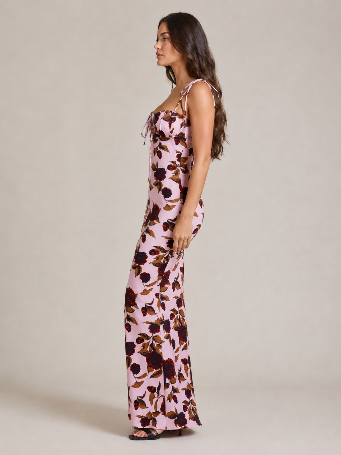 Niebieska Sukienka Maxi w Kwiaty | Sukienka Damska | Detale Kokardy | Elegancka Sukienka Letnia