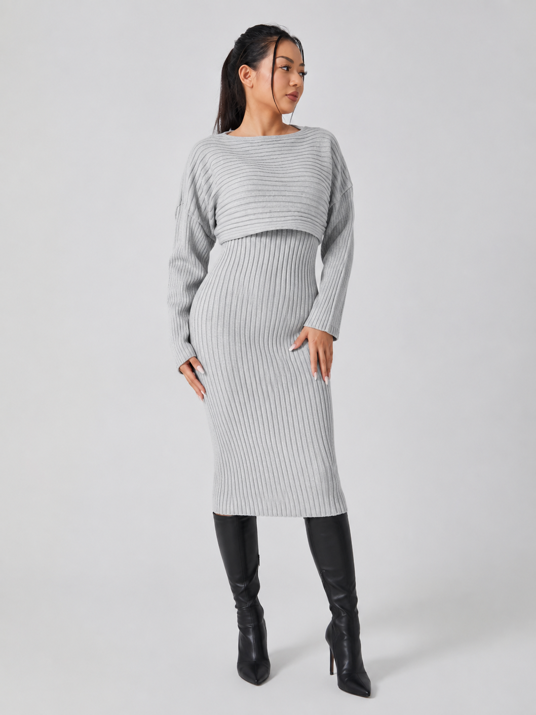 Komplet Damski ze Spódnicą Midi | Dwuczęściowy Komplet Damski | Prążkowany Zestaw | Elegancki Komplet Damski