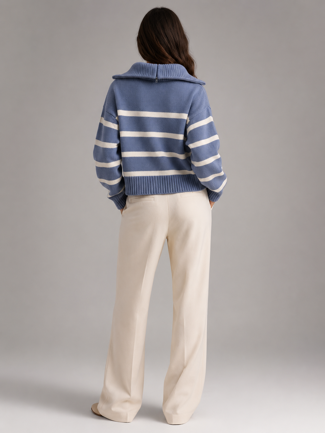 Pasiasty Sweter Damski | Sweter z Półzamkiem | Luźny Krój | Sweter Jesienny | Damski Sweter w Paski