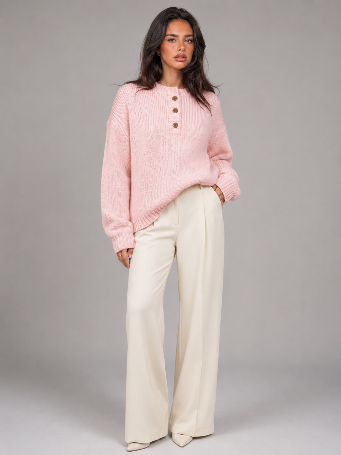 Sweter Damski Henley | Dzianinowy Sweter z Guzikami | Miękki Sweter Damski | Sweter do Pracy i na Co Dzień