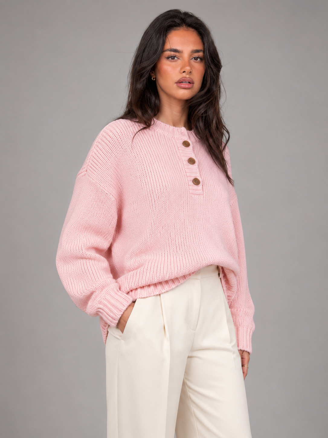 Sweter Damski Henley | Dzianinowy Sweter z Guzikami | Miękki Sweter Damski | Sweter do Pracy i na Co Dzień