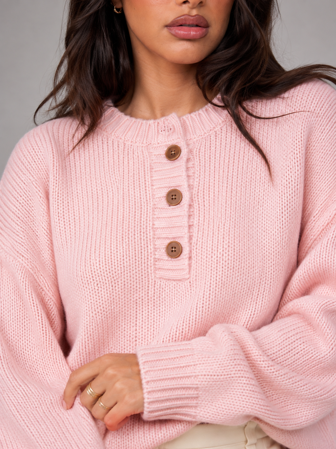 Sweter Damski Henley | Dzianinowy Sweter z Guzikami | Miękki Sweter Damski | Sweter do Pracy i na Co Dzień
