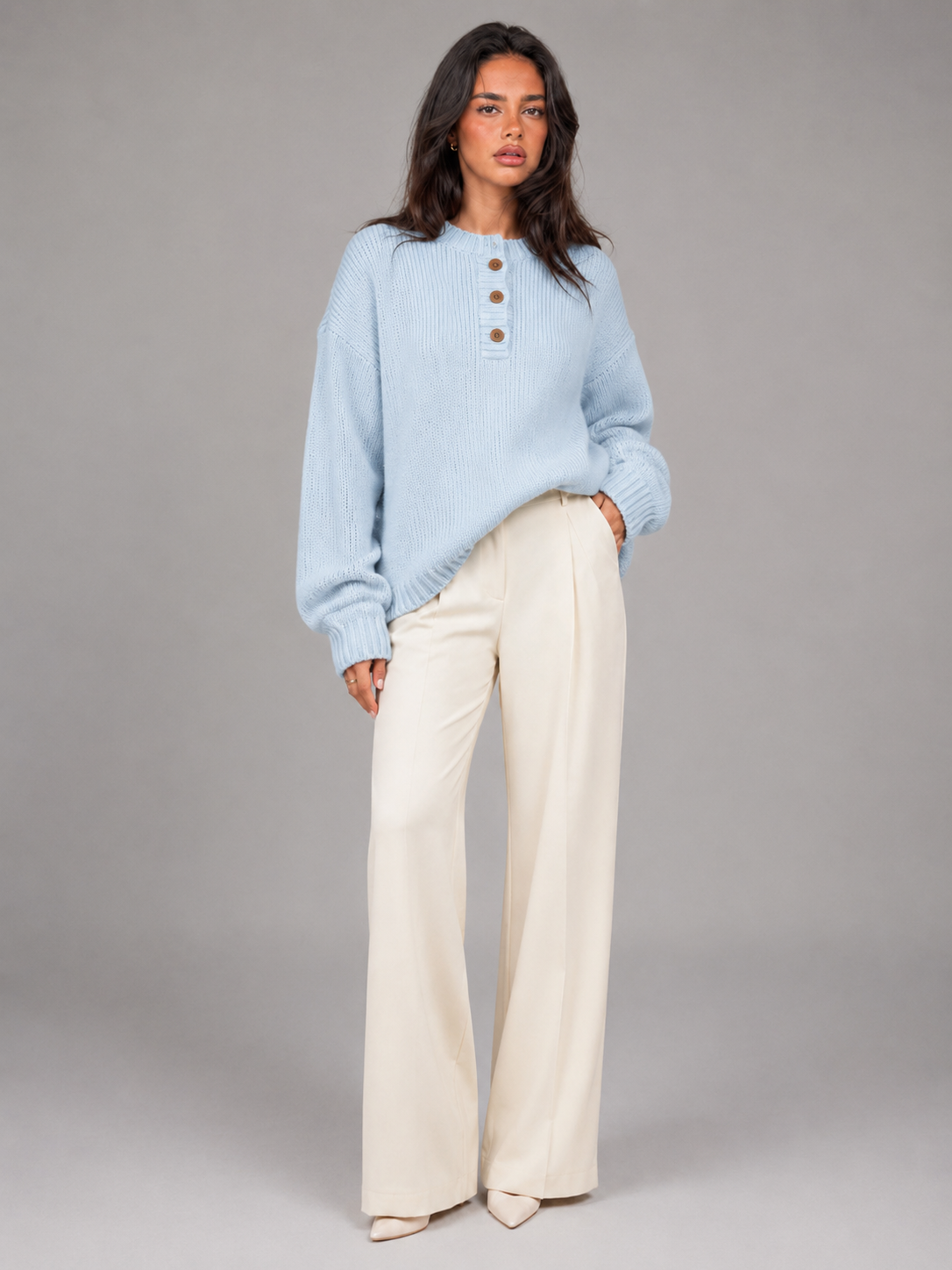 Sweter Damski Henley | Dzianinowy Sweter z Guzikami | Miękki Sweter Damski | Sweter do Pracy i na Co Dzień