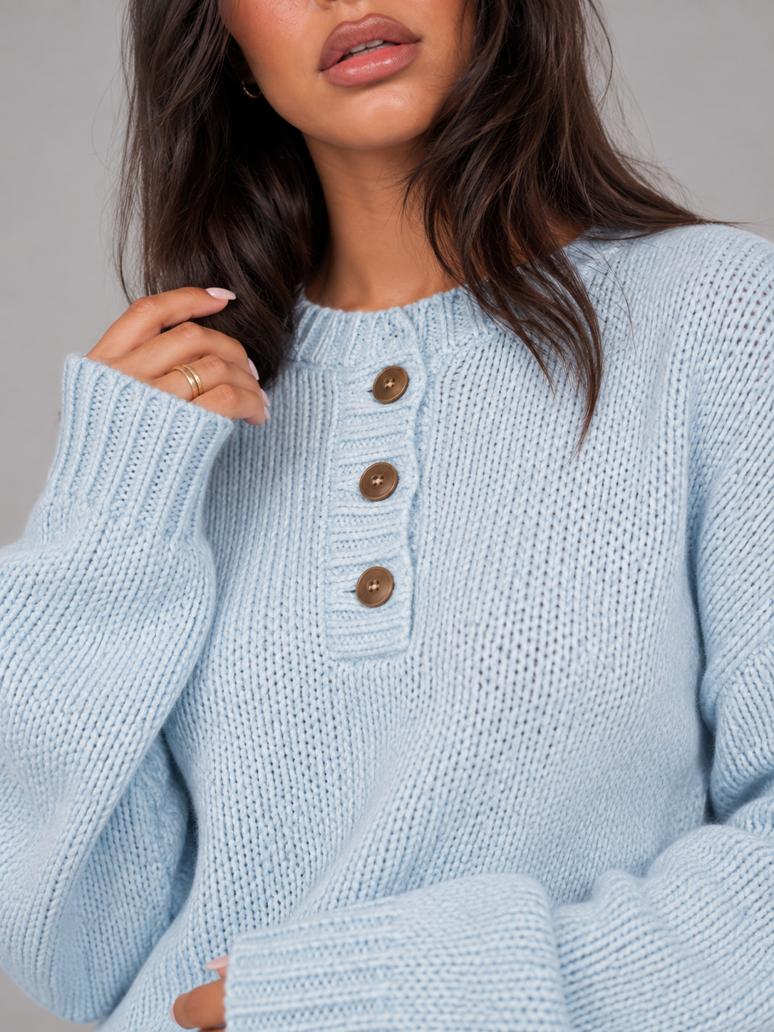 Sweter Damski Henley | Dzianinowy Sweter z Guzikami | Miękki Sweter Damski | Sweter do Pracy i na Co Dzień