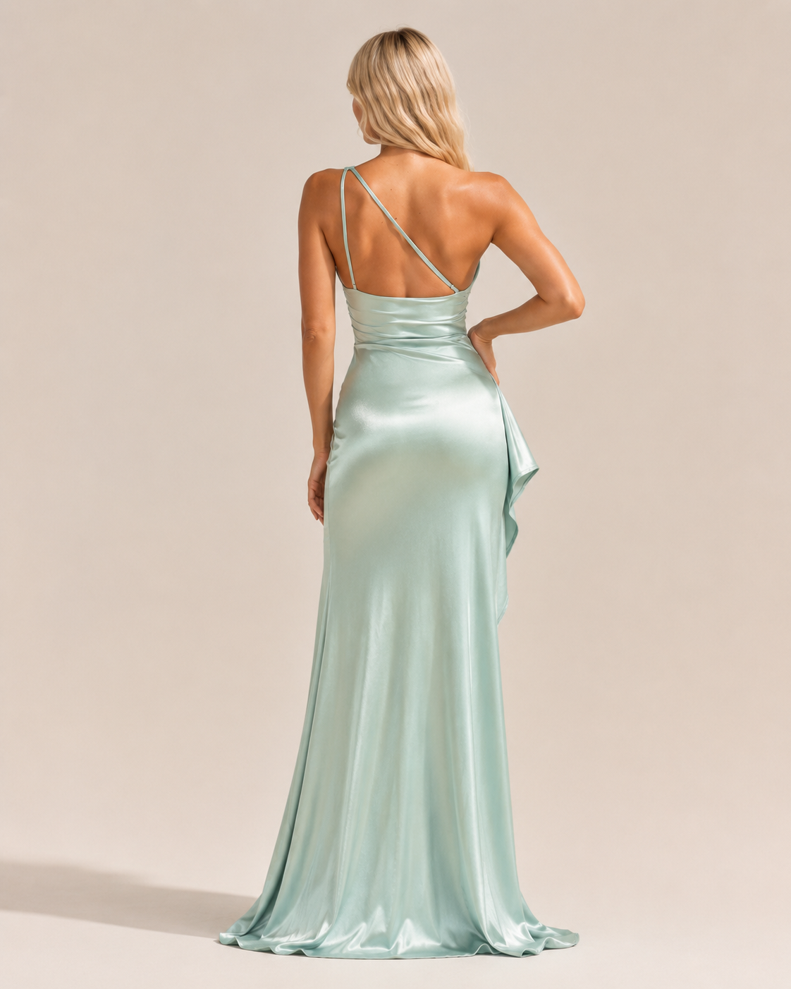 Sukienka Wieczorowa Damska | Satynowa Sukienka Maxi | Na Jedno Ramię | Wysokie Rozcięcie | Elegancka Sukienka