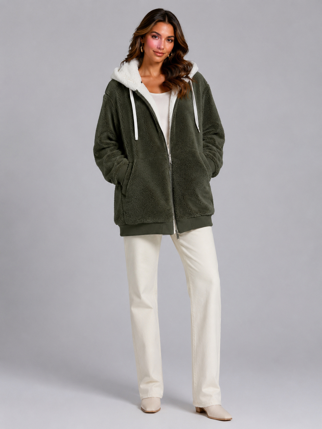 Bluza Sherpa Damska | Ocieplana Bluza z Kapturem | Polar Damski Oversize | Bluza na Zamek | Jesień Zima