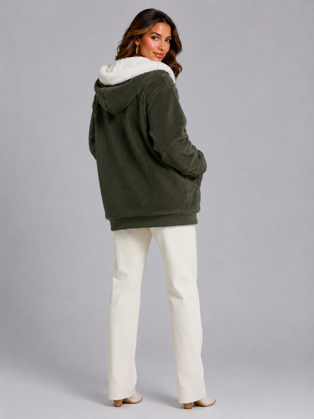 Bluza Sherpa Damska | Ocieplana Bluza z Kapturem | Polar Damski Oversize | Bluza na Zamek | Jesień Zima