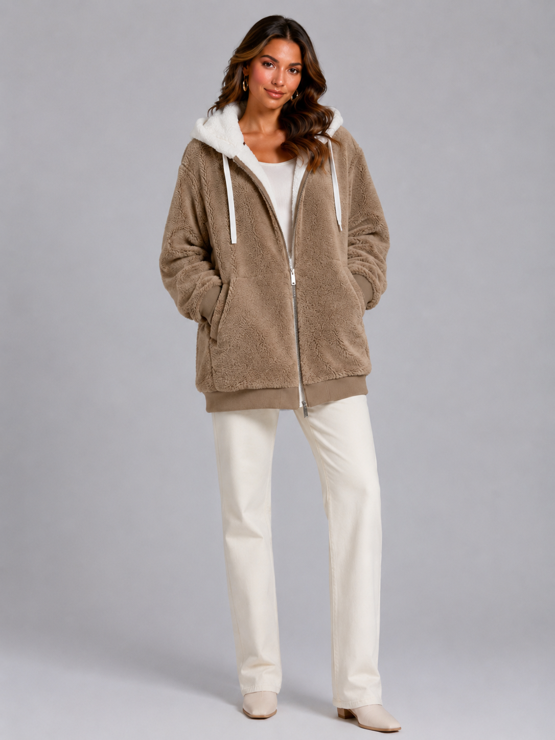 Bluza Sherpa Damska | Ocieplana Bluza z Kapturem | Polar Damski Oversize | Bluza na Zamek | Jesień Zima