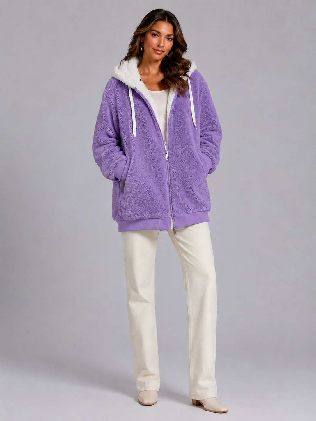Bluza Sherpa Damska | Ocieplana Bluza z Kapturem | Polar Damski Oversize | Bluza na Zamek | Jesień Zima