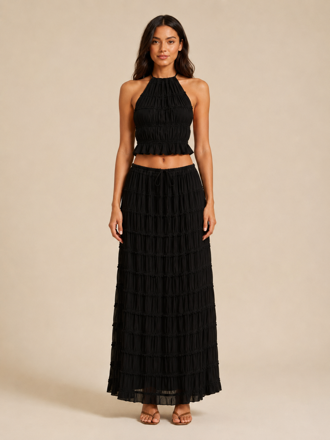 Komplet Damski ze Spódnicą Maxi | Top Halter | Plisowana Spódnica | Elegancki Komplet Dwuczęściowy