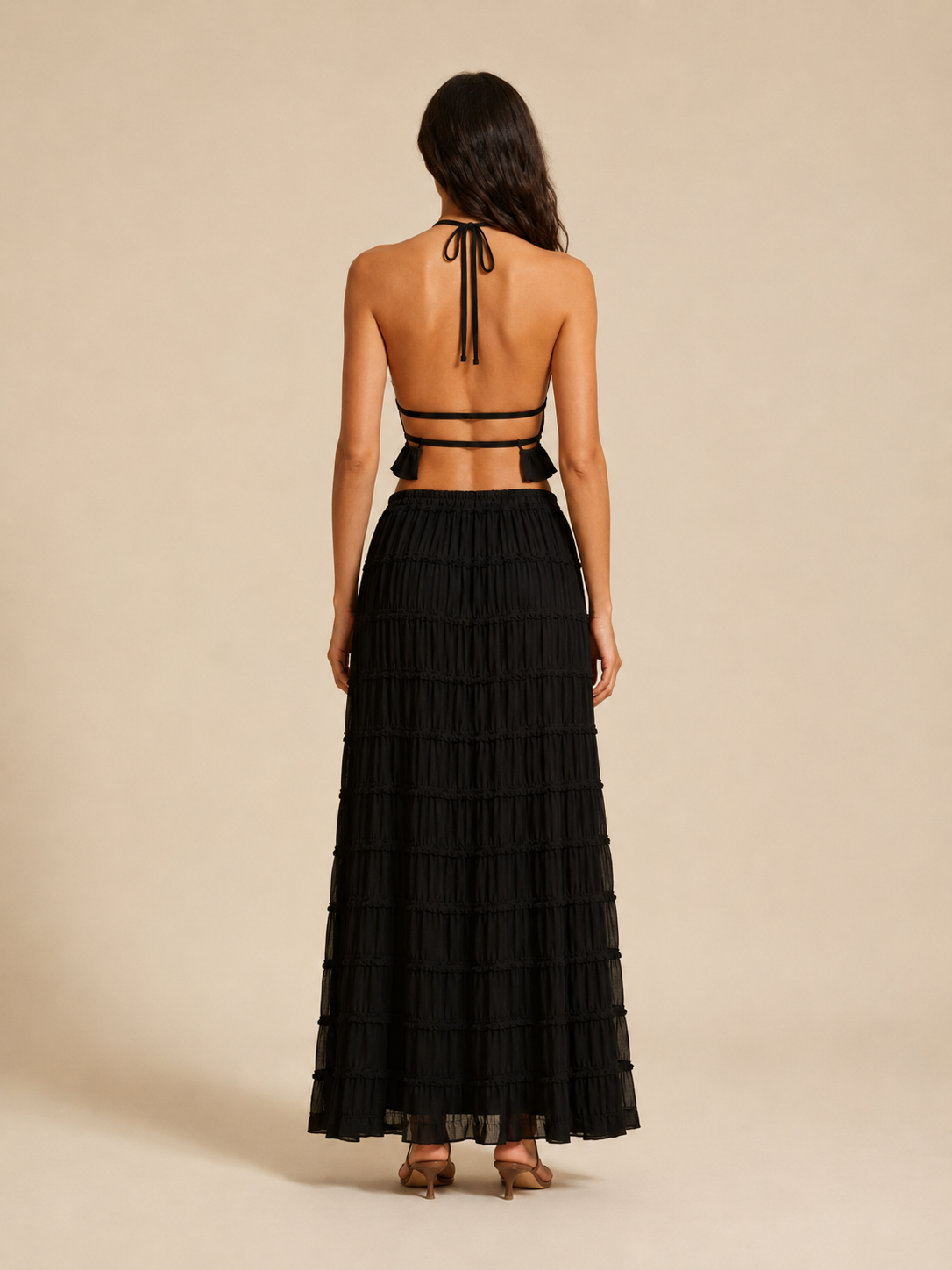 Komplet Damski ze Spódnicą Maxi | Top Halter | Plisowana Spódnica | Elegancki Komplet Dwuczęściowy