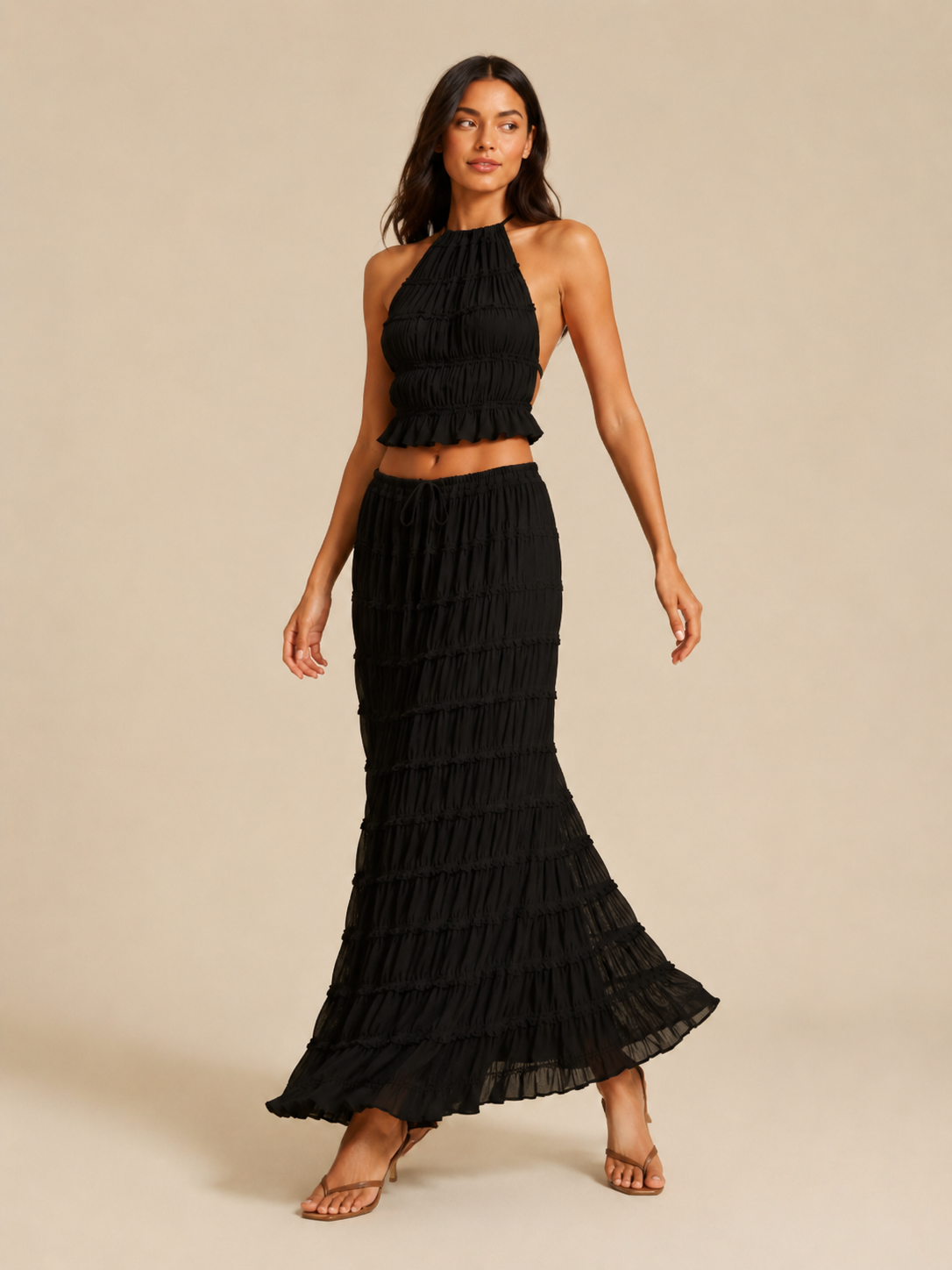 Komplet Damski ze Spódnicą Maxi | Top Halter | Plisowana Spódnica | Elegancki Komplet Dwuczęściowy