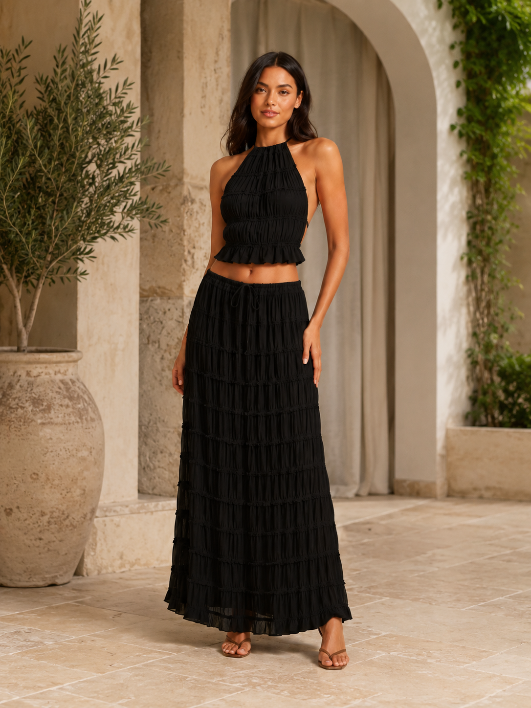 Komplet Damski ze Spódnicą Maxi | Top Halter | Plisowana Spódnica | Elegancki Komplet Dwuczęściowy