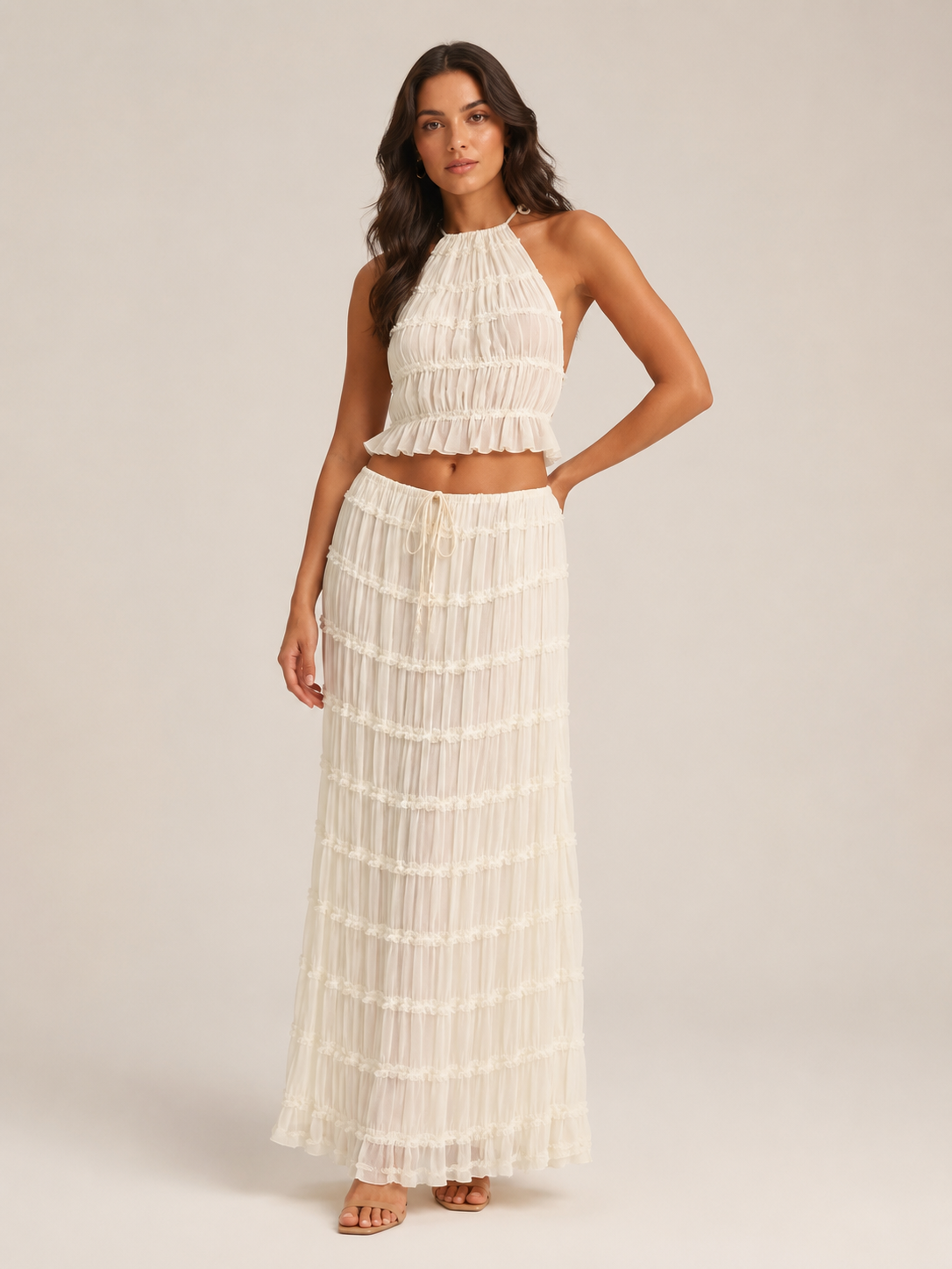 Komplet Damski ze Spódnicą Maxi | Top Halter | Plisowana Spódnica | Elegancki Komplet Dwuczęściowy