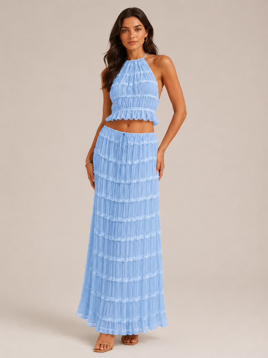 Komplet Damski ze Spódnicą Maxi | Top Halter | Plisowana Spódnica | Elegancki Komplet Dwuczęściowy