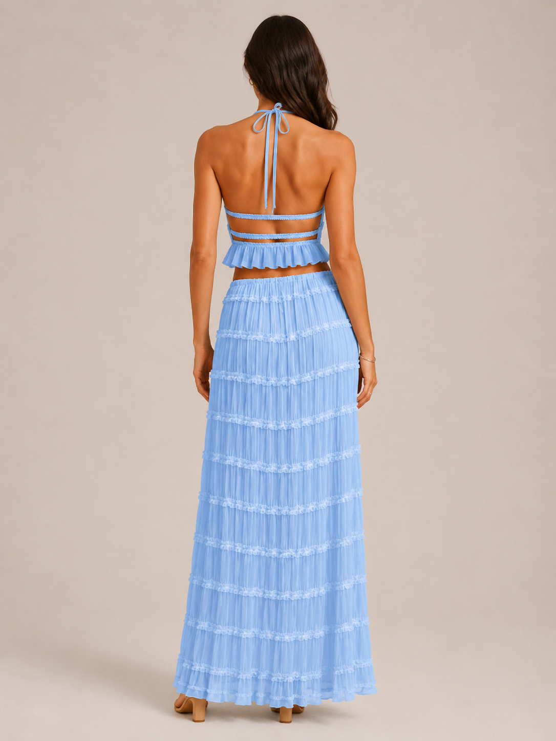 Komplet Damski ze Spódnicą Maxi | Top Halter | Plisowana Spódnica | Elegancki Komplet Dwuczęściowy