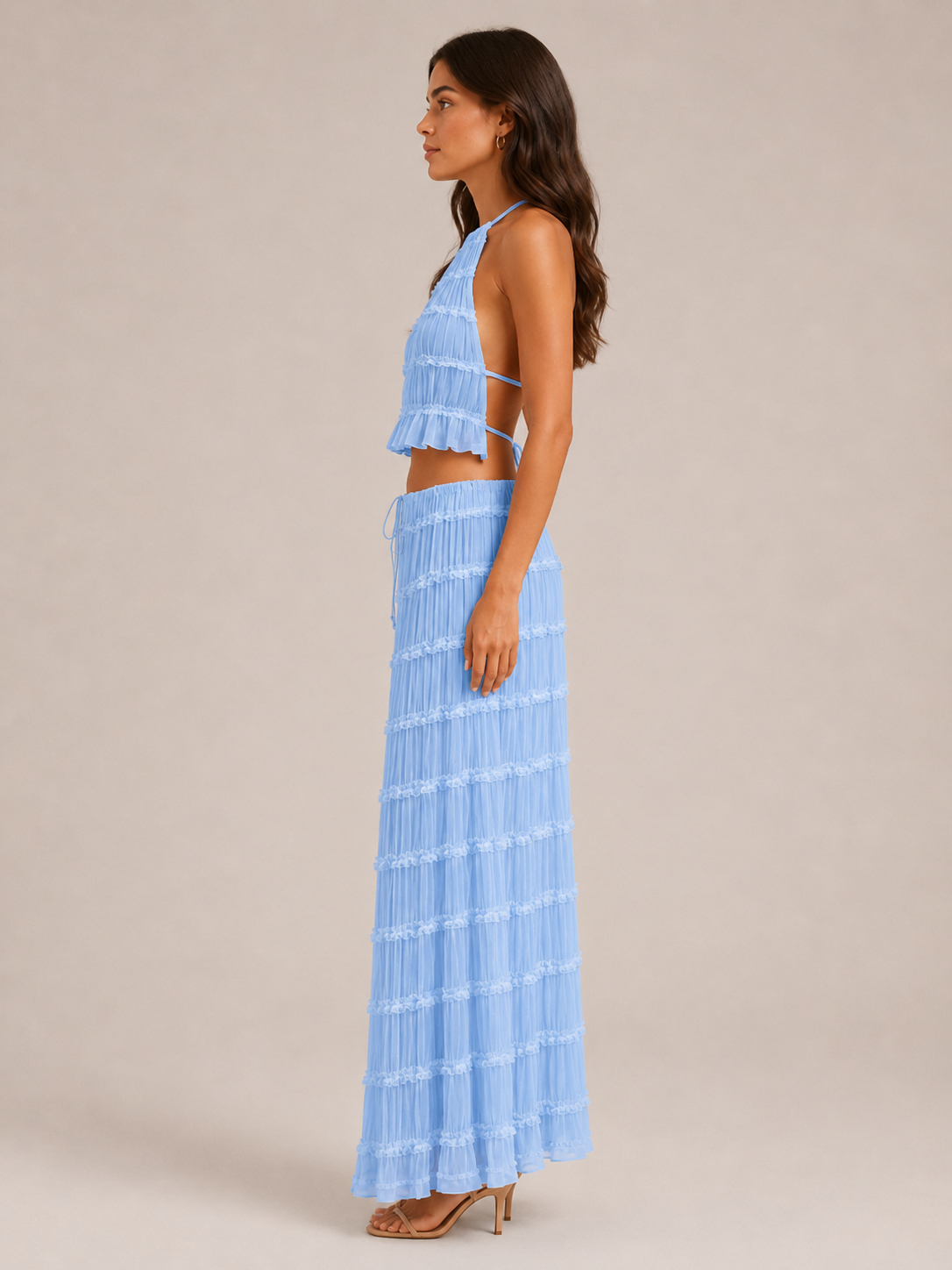 Komplet Damski ze Spódnicą Maxi | Top Halter | Plisowana Spódnica | Elegancki Komplet Dwuczęściowy