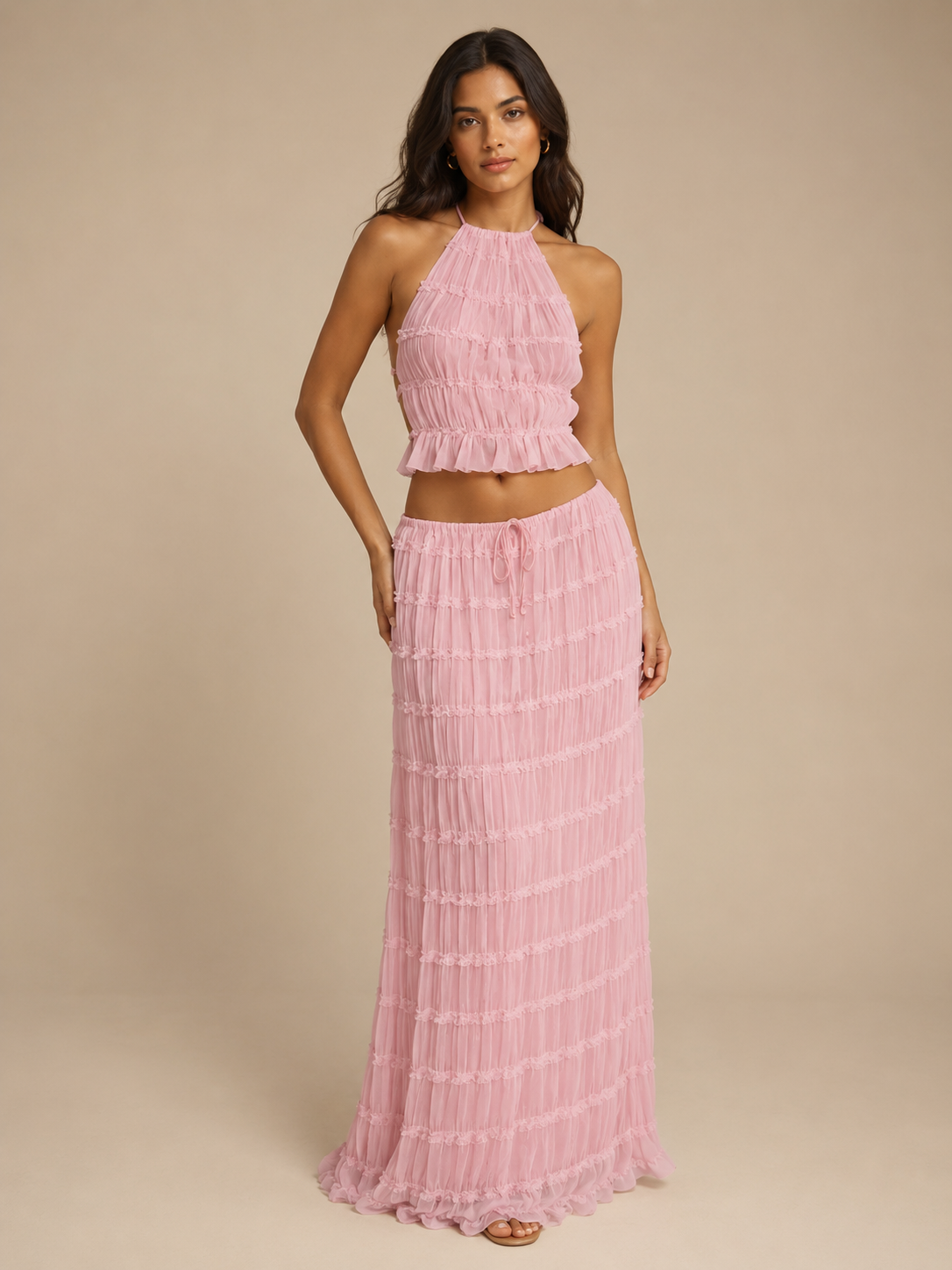 Komplet Damski ze Spódnicą Maxi | Top Halter | Plisowana Spódnica | Elegancki Komplet Dwuczęściowy
