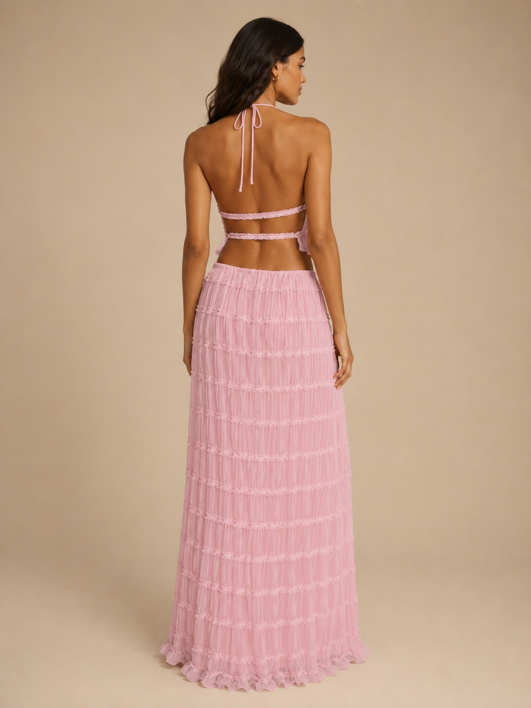 Komplet Damski ze Spódnicą Maxi | Top Halter | Plisowana Spódnica | Elegancki Komplet Dwuczęściowy
