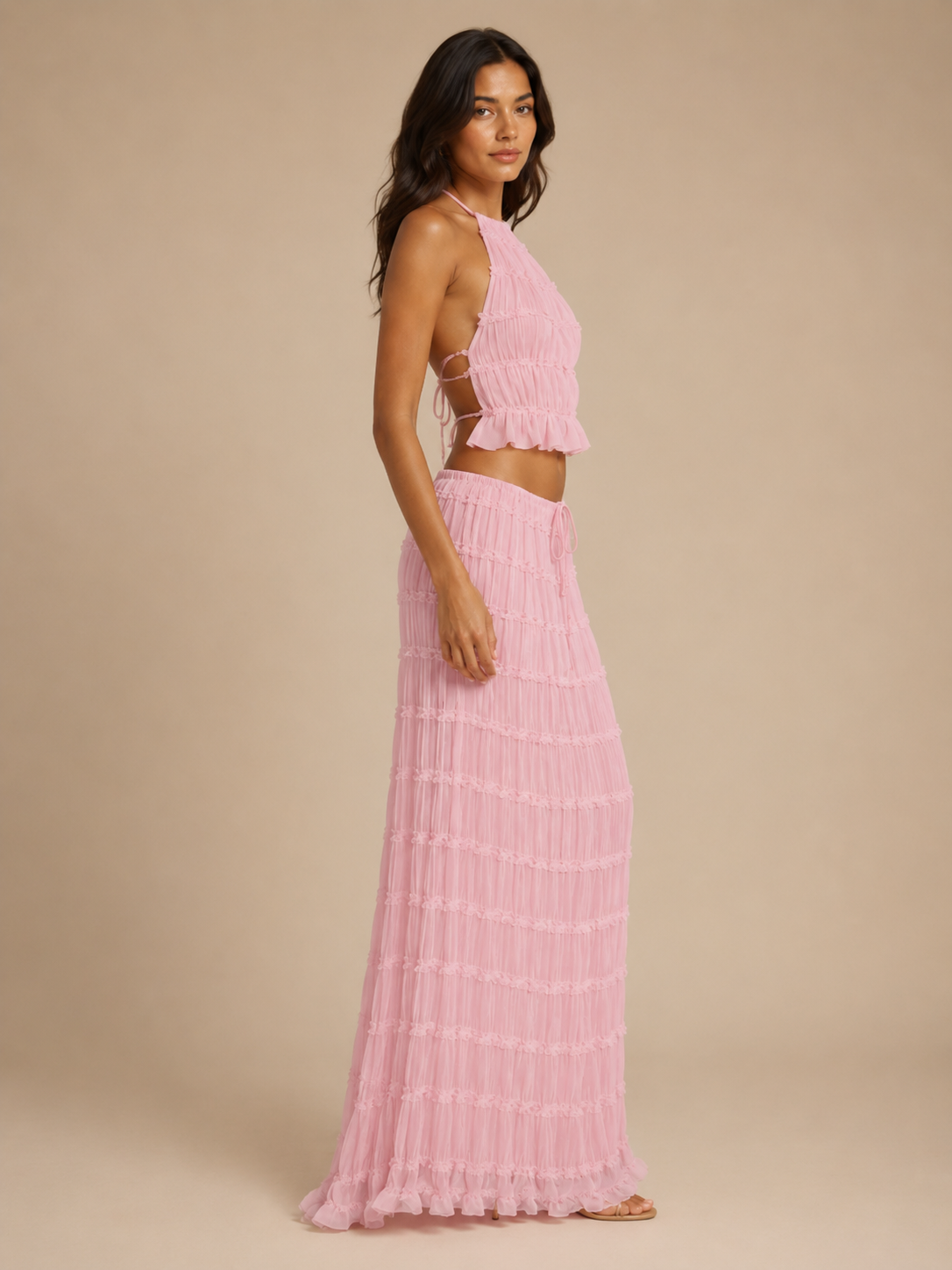 Komplet Damski ze Spódnicą Maxi | Top Halter | Plisowana Spódnica | Elegancki Komplet Dwuczęściowy