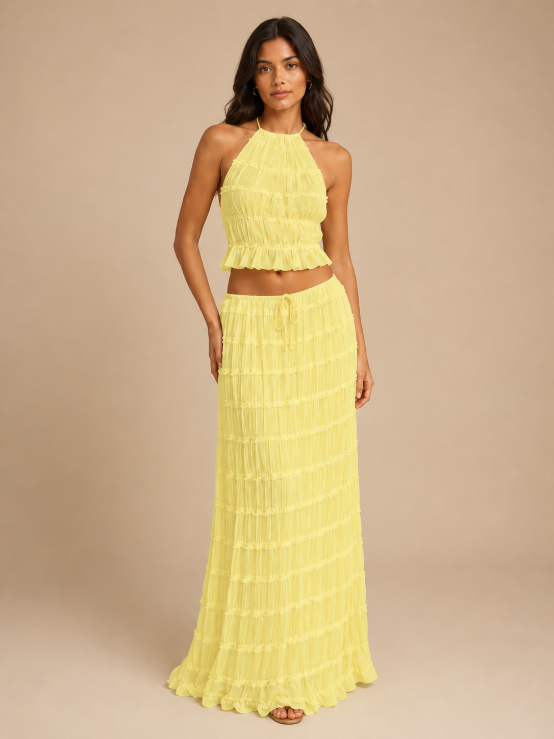 Komplet Damski ze Spódnicą Maxi | Top Halter | Plisowana Spódnica | Elegancki Komplet Dwuczęściowy