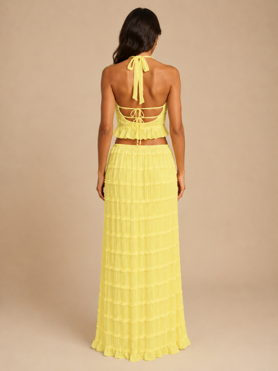 Komplet Damski ze Spódnicą Maxi | Top Halter | Plisowana Spódnica | Elegancki Komplet Dwuczęściowy