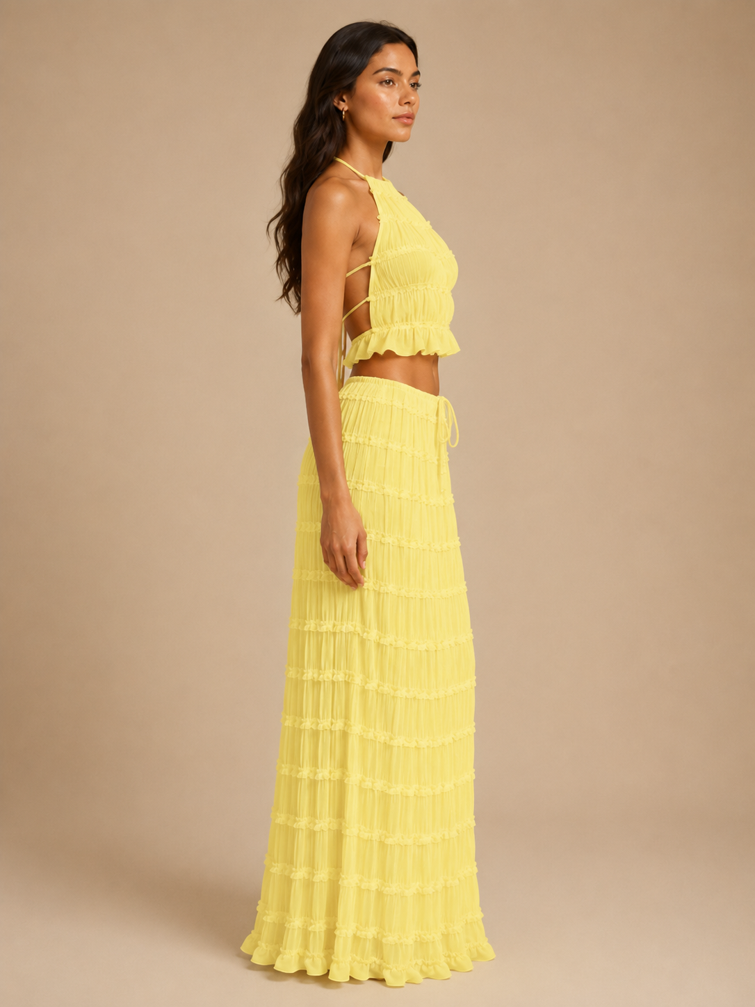 Komplet Damski ze Spódnicą Maxi | Top Halter | Plisowana Spódnica | Elegancki Komplet Dwuczęściowy