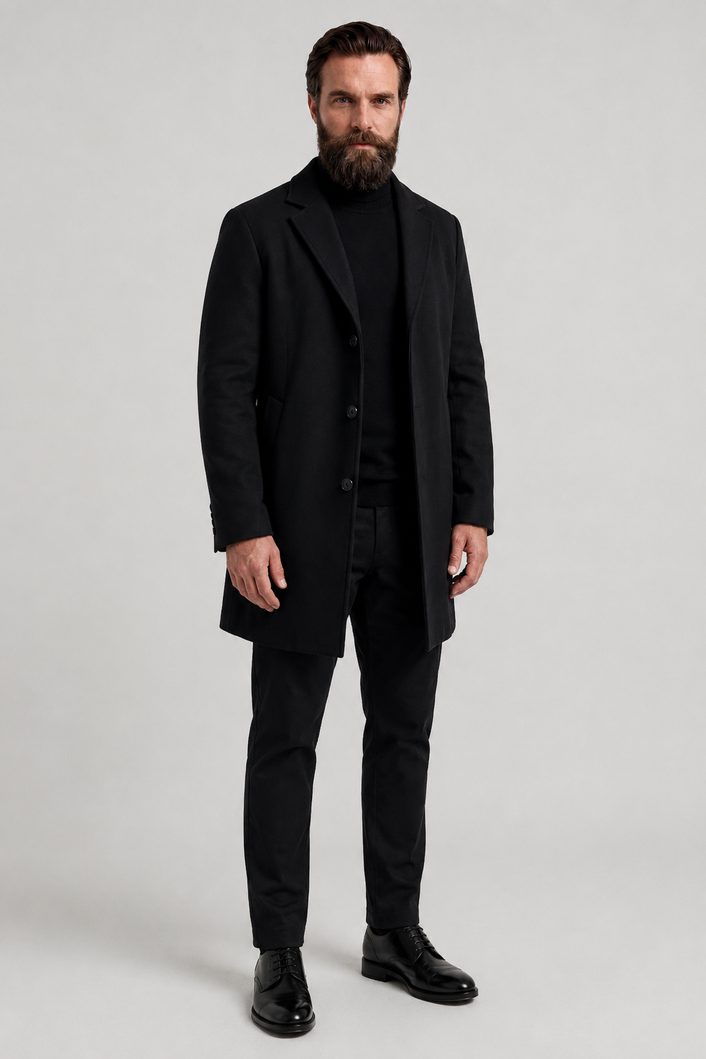 Płaszcz Męski Jednorzędowy | Czarny Płaszcz Męski | Długi Płaszcz | Elegancki Płaszcz Męski