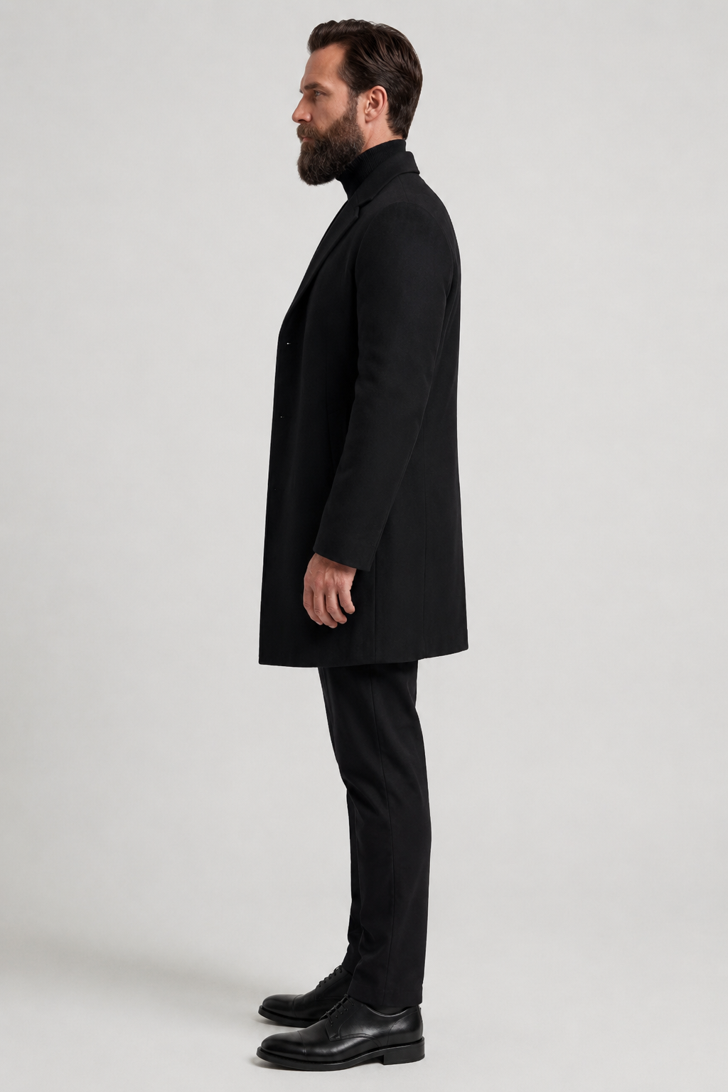 Płaszcz Męski Jednorzędowy | Czarny Płaszcz Męski | Długi Płaszcz | Elegancki Płaszcz Męski