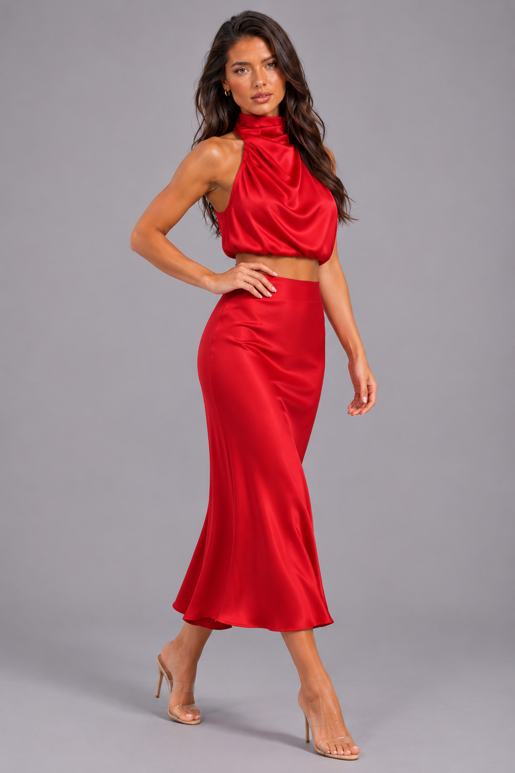 Elegancki Komplet Damski z Topem Halter i Spódnicą Midi