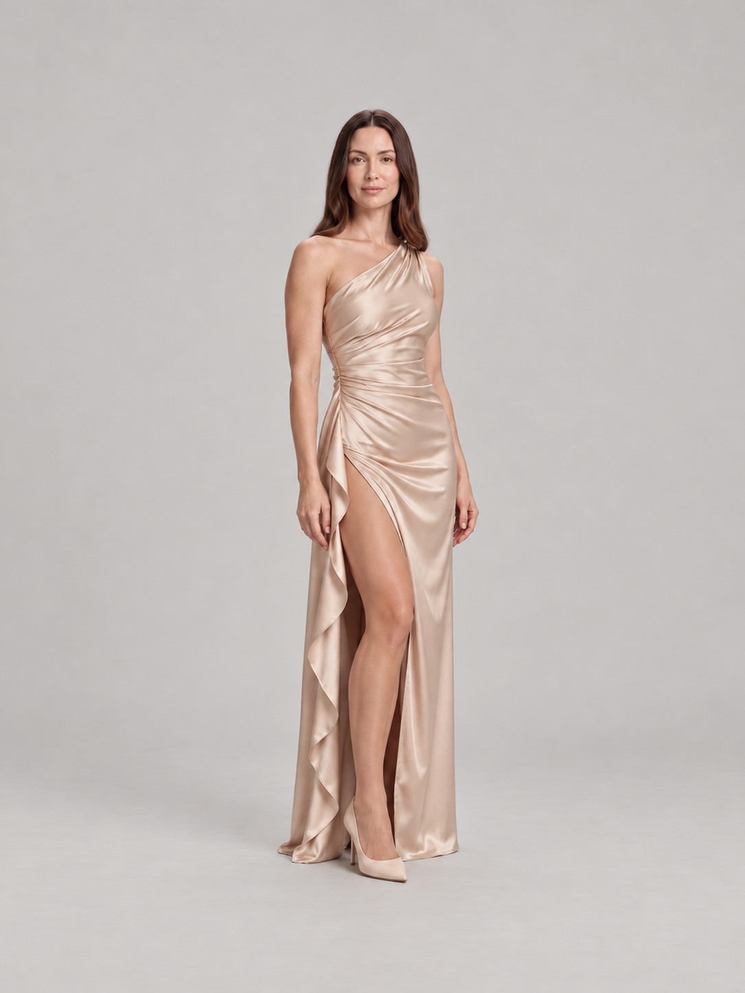 Elegancka Satynowa Sukienka Maxi na Jedno Ramię z Odkrytymi Plecami
