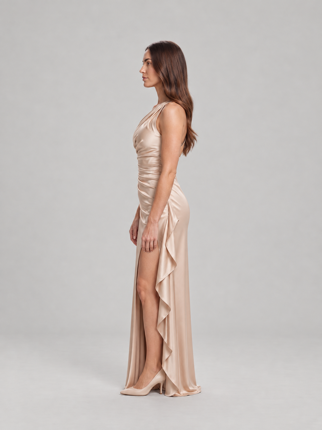 Elegancka Satynowa Sukienka Maxi na Jedno Ramię z Odkrytymi Plecami