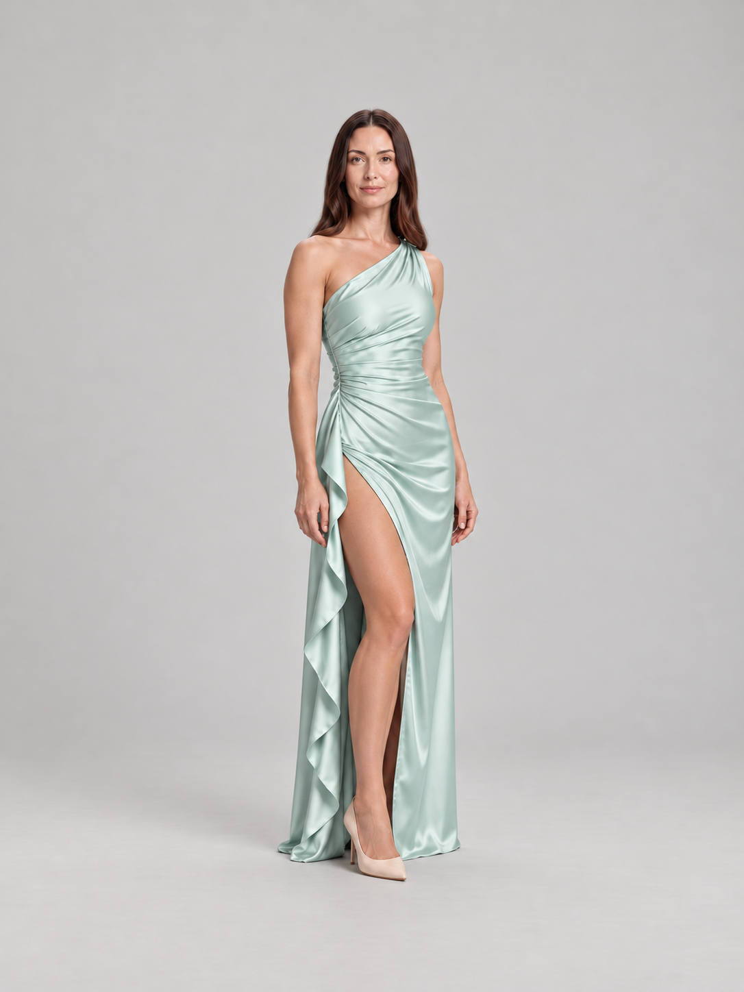 Elegancka Satynowa Sukienka Maxi na Jedno Ramię z Odkrytymi Plecami