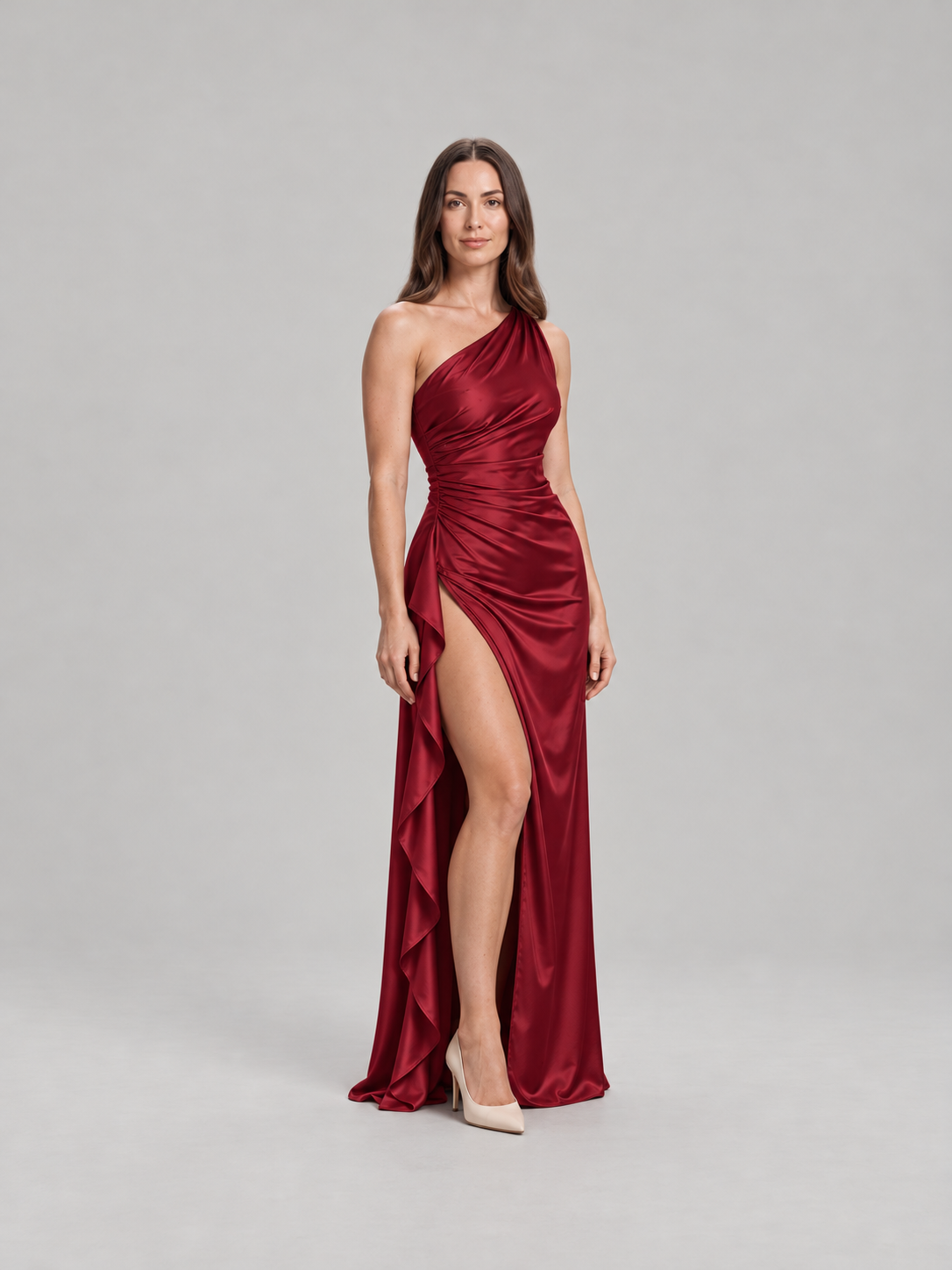 Elegancka Satynowa Sukienka Maxi na Jedno Ramię z Odkrytymi Plecami