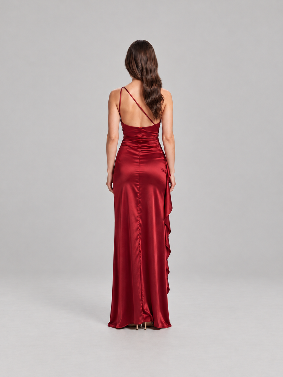 Elegancka Satynowa Sukienka Maxi na Jedno Ramię z Odkrytymi Plecami