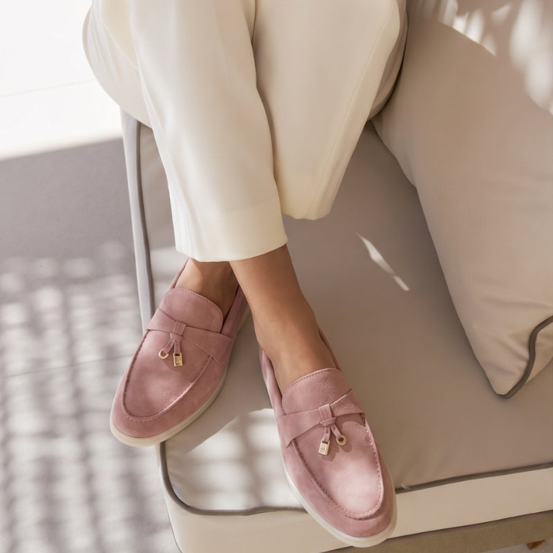 Różowe Mokasyny Damskie | Zamszowe Mokasyny Damskie | Złoty Detal | Eleganckie Buty Damskie