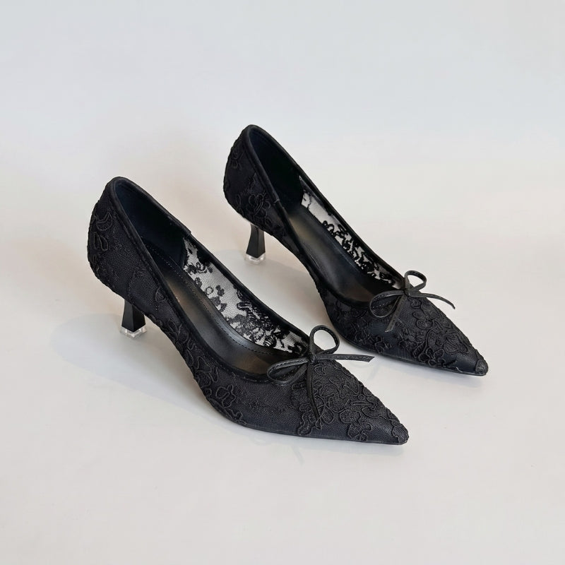 Czarne Czółenka Damskie | Koronkowe Czółenka | Kitten Heel | Szpiczasty Nosek | Buty na Wesele