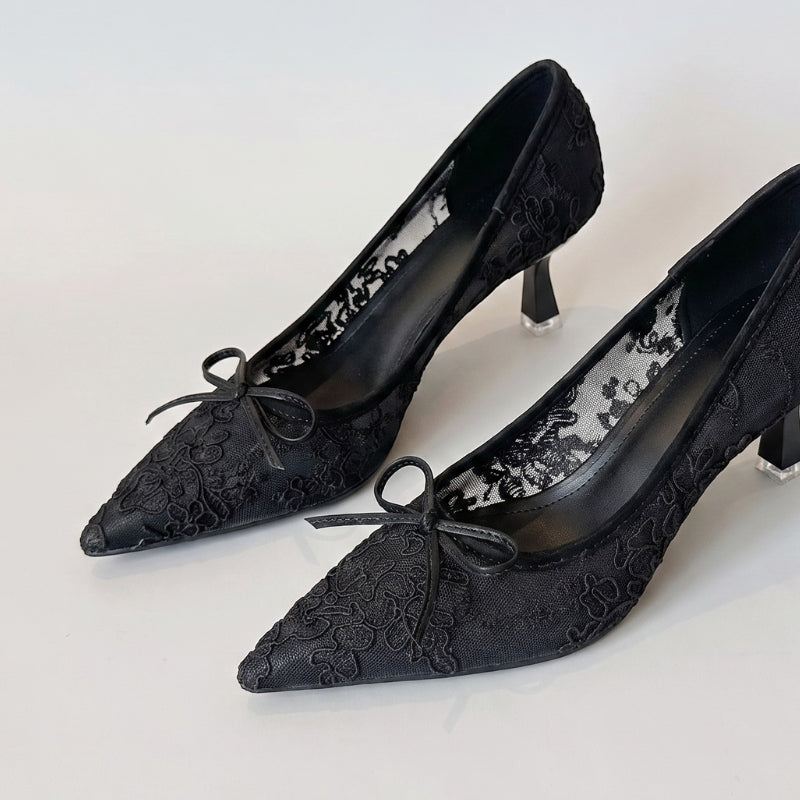 Czarne Czółenka Damskie | Koronkowe Czółenka | Kitten Heel | Szpiczasty Nosek | Buty na Wesele