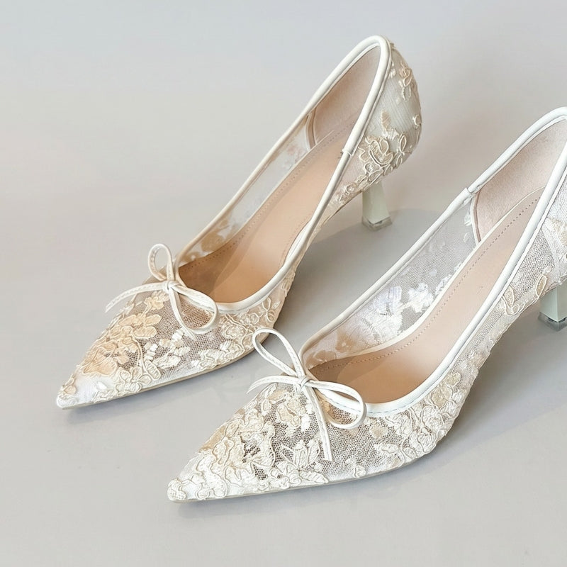 Białe Czółenka Damskie | Koronkowe Czółenka | Kitten Heel | Szpiczasty Nosek | Buty na Ślub