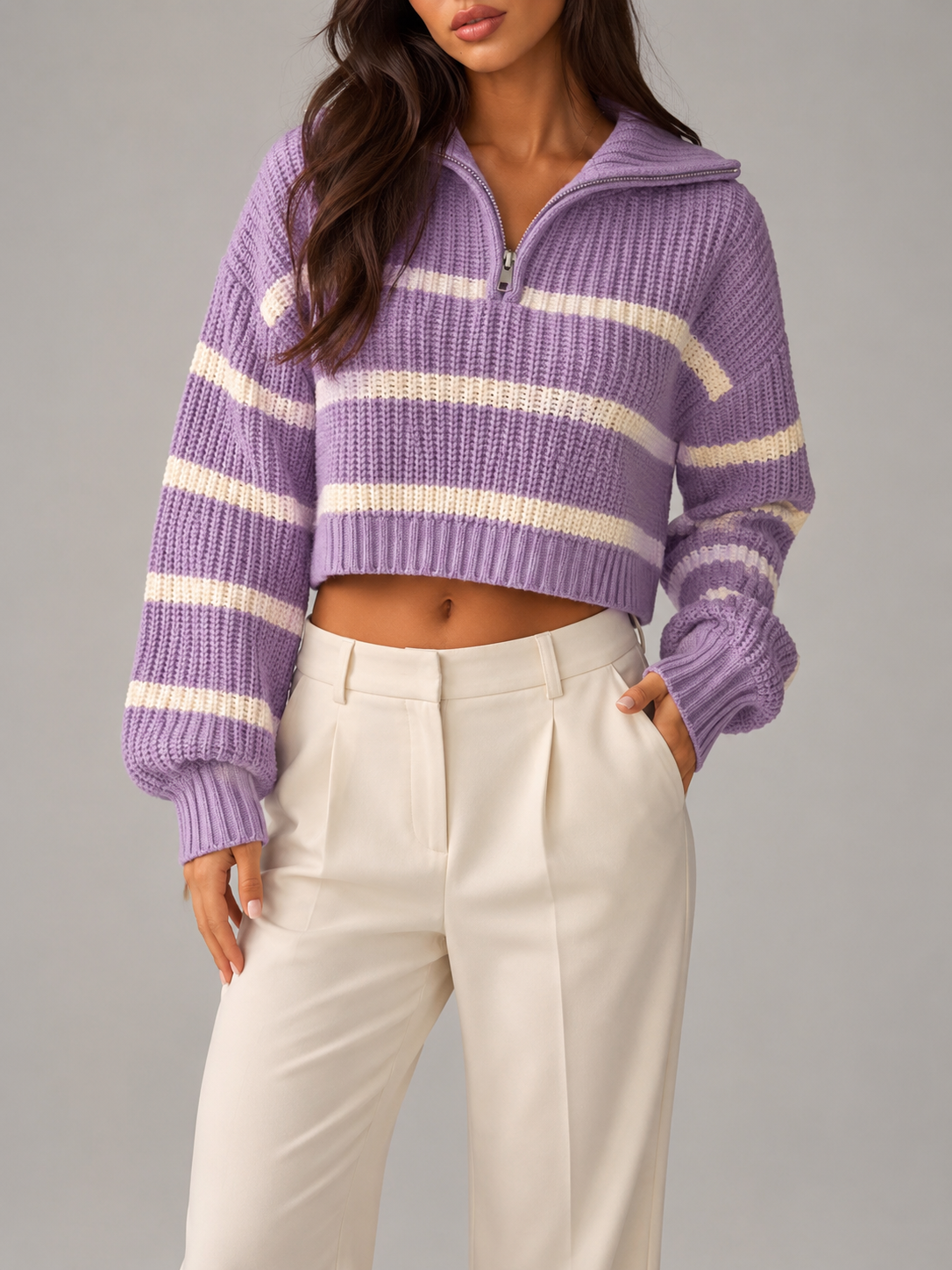 Pasiasty Sweter Damski | Sweter z Półzamkiem | Luźny Krój | Sweter Jesienny | Damski Sweter w Paski