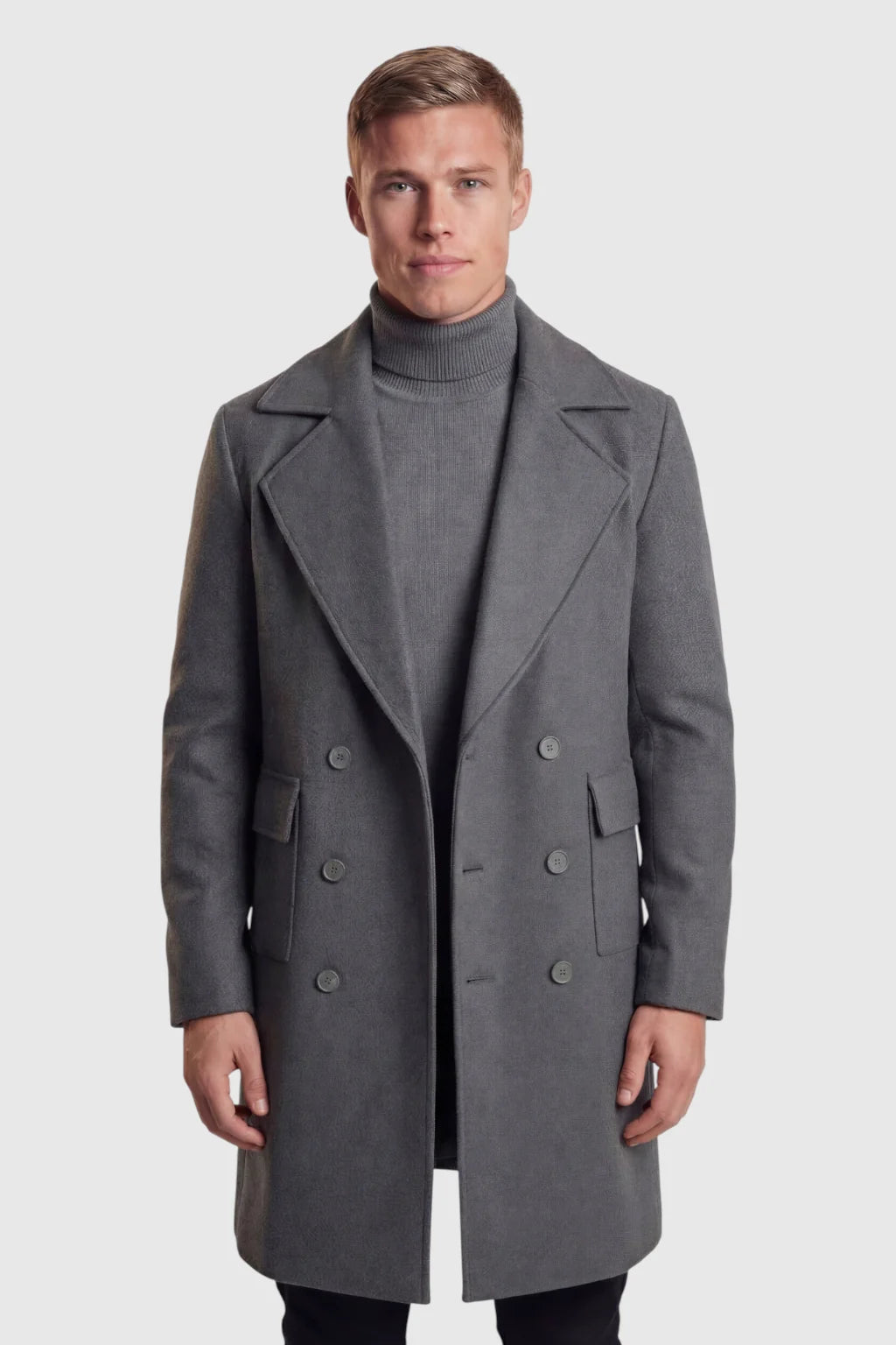 Płaszcz Wełniany Męski | Dwurzędowy Płaszcz Męski | Szary Płaszcz | Elegancki Płaszcz Męski