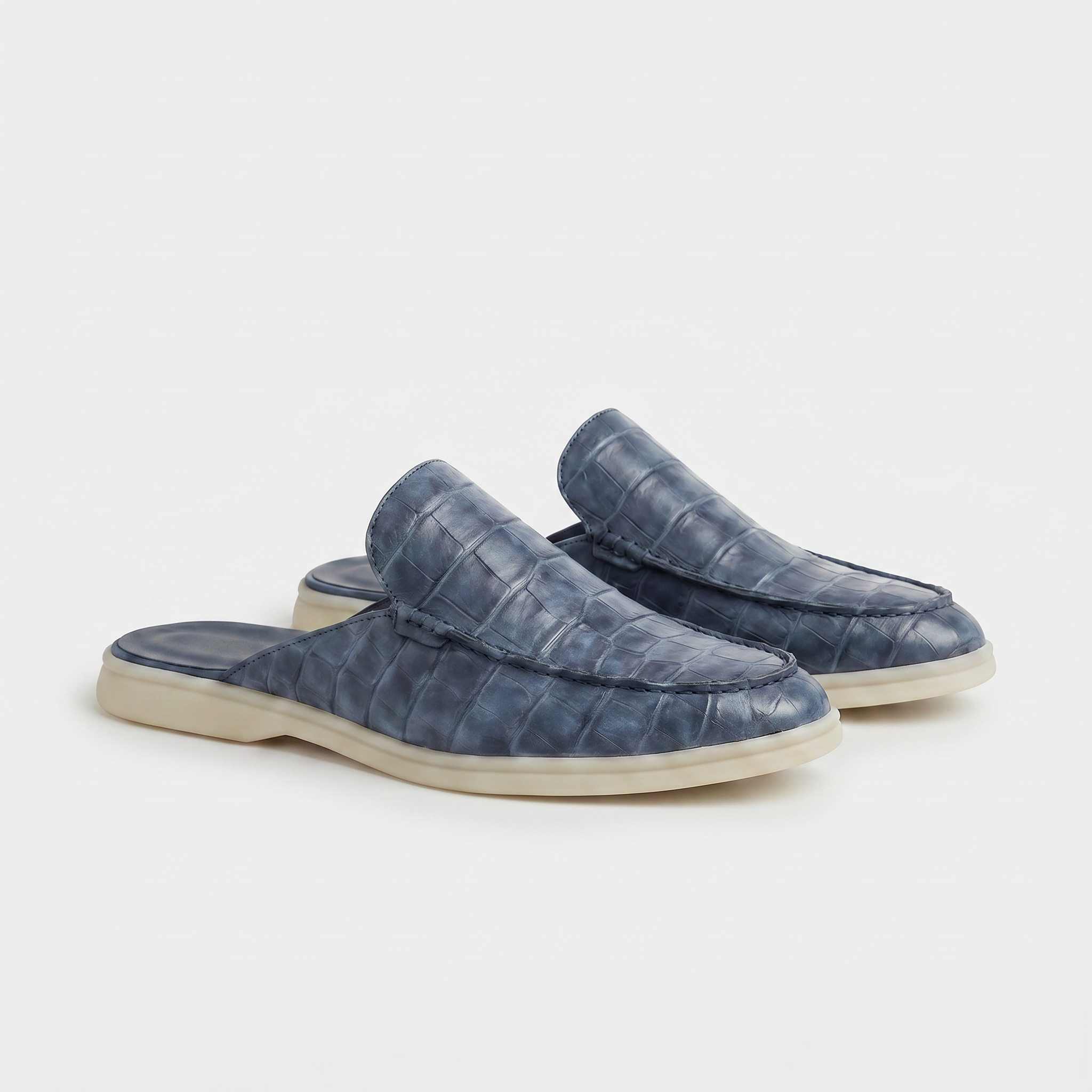 Szaroniebieskie Mokasyny Mule Croco | Skórzane Mokasyny | Wzór Krokodyla | Otwarta Pięta | Eleganckie Buty