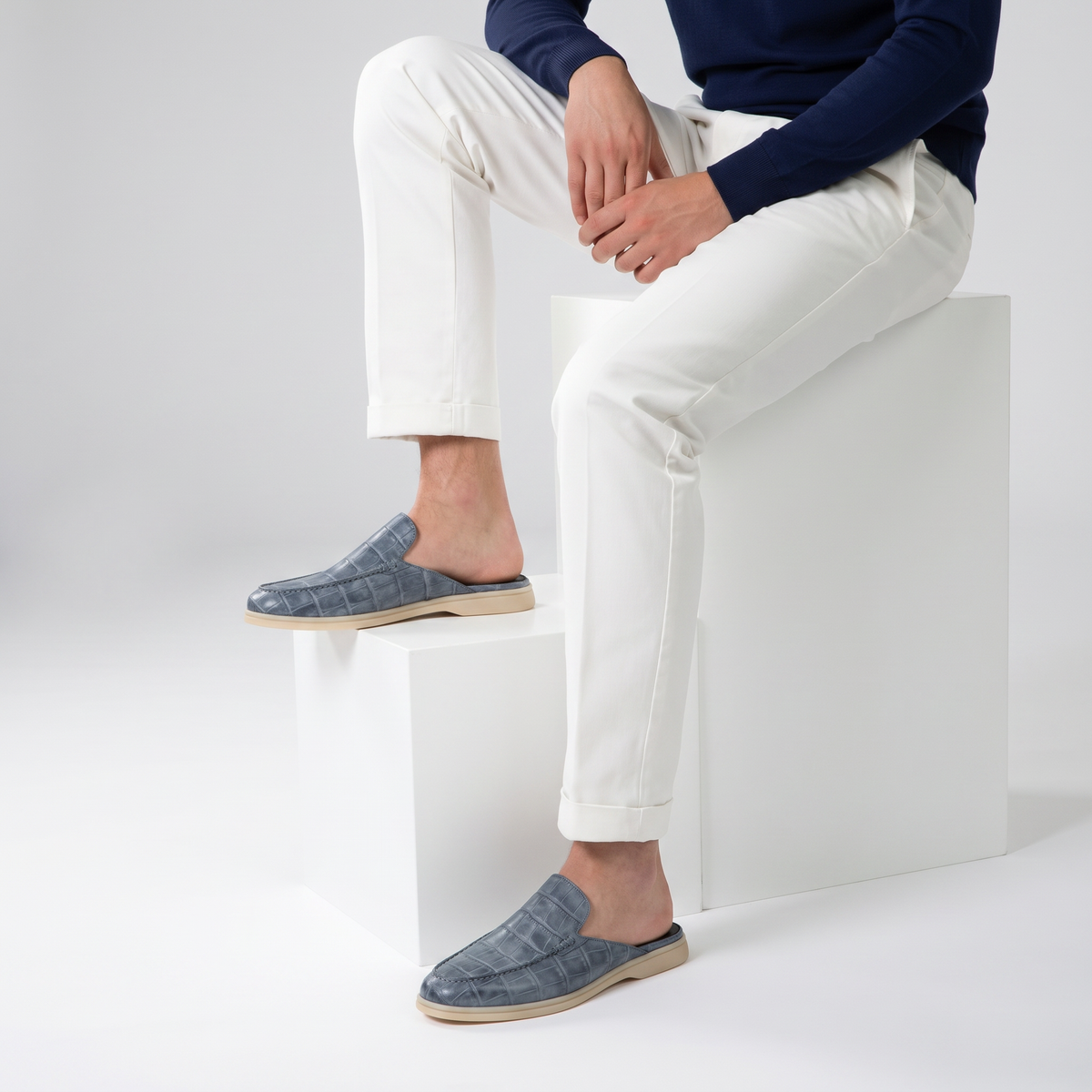 Szaroniebieskie Mokasyny Mule Croco | Skórzane Mokasyny | Wzór Krokodyla | Otwarta Pięta | Eleganckie Buty