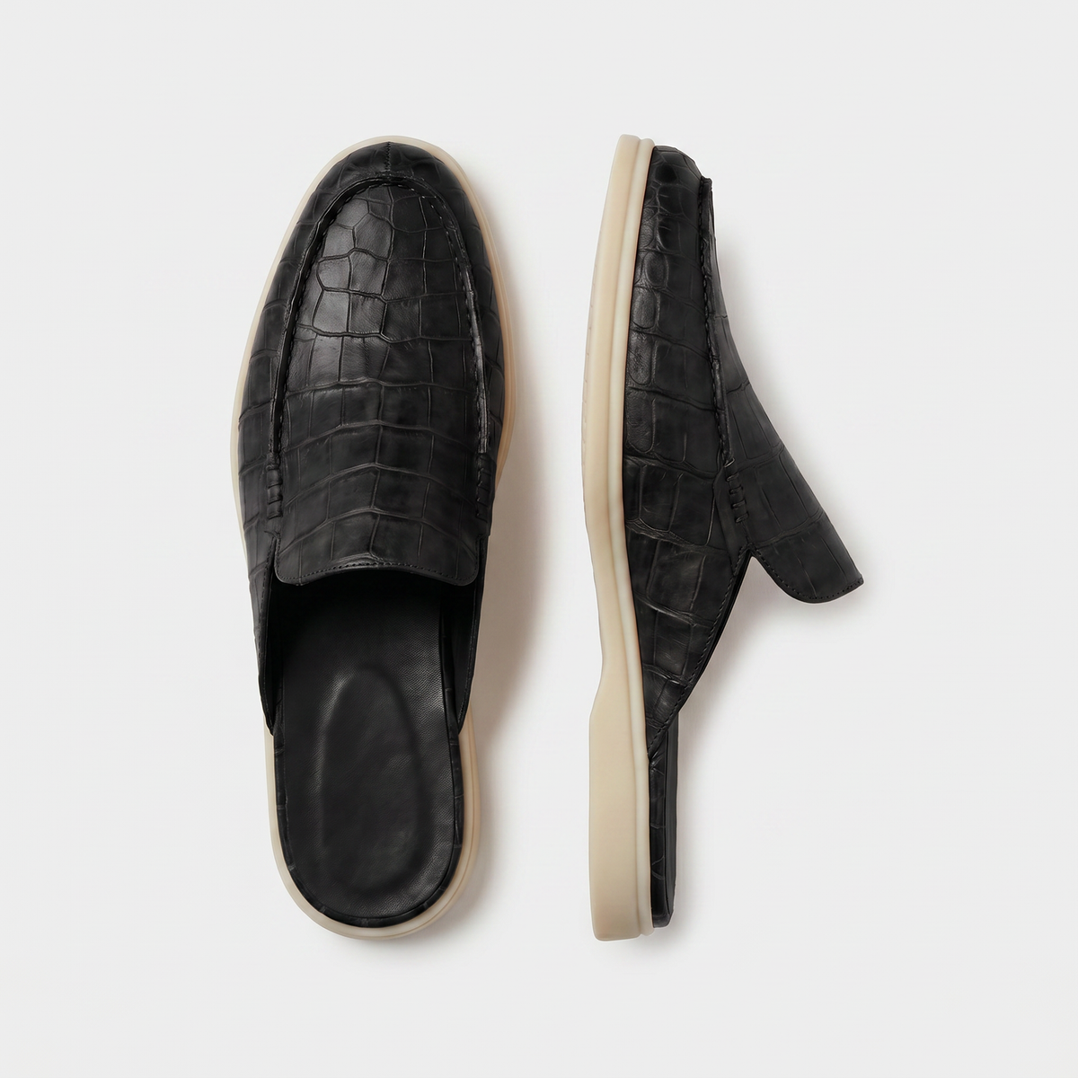 Czarne Mokasyny Mule Croco | Skórzane Mokasyny | Wzór Krokodyla | Otwarta Pięta | Eleganckie Buty