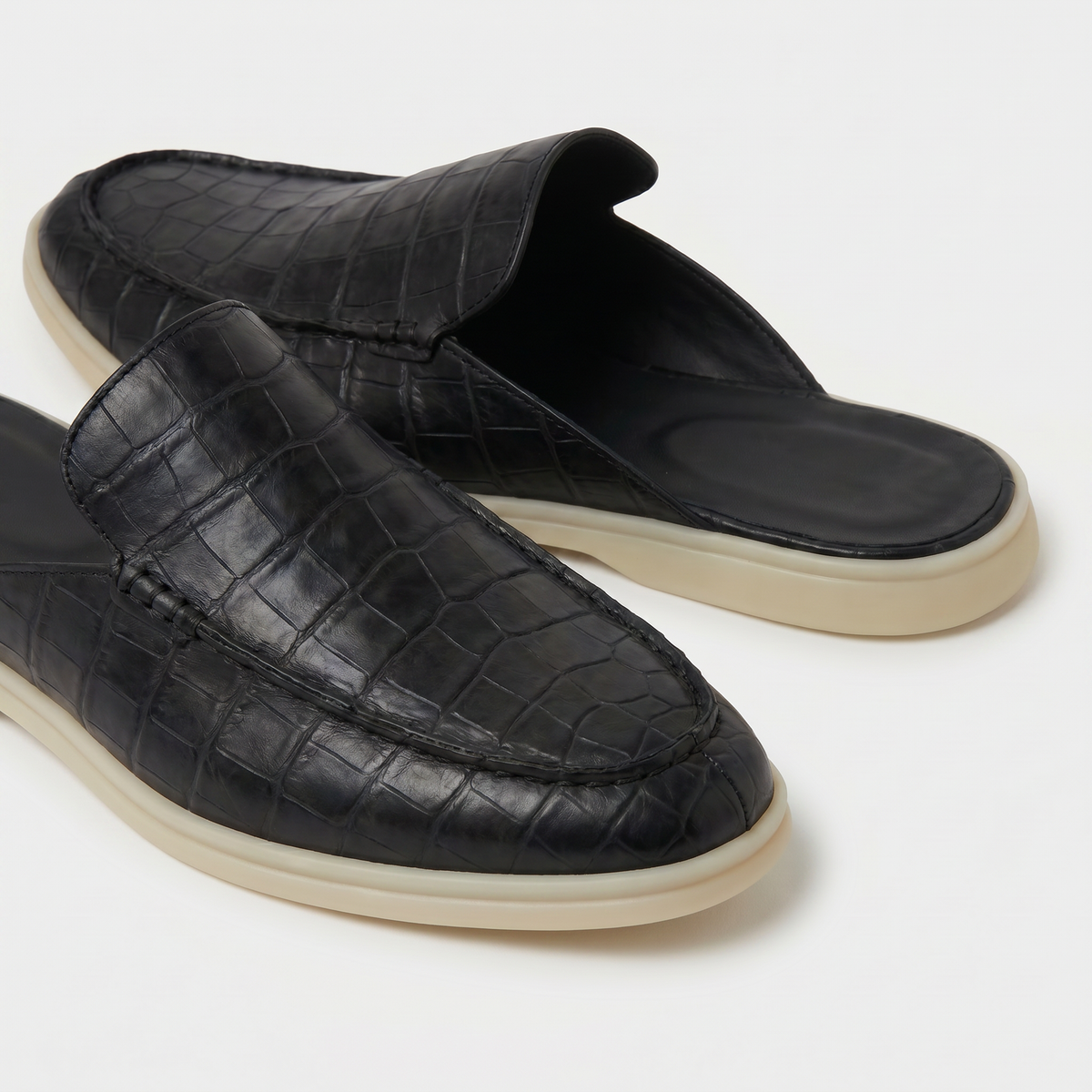 Czarne Mokasyny Mule Croco | Skórzane Mokasyny | Wzór Krokodyla | Otwarta Pięta | Eleganckie Buty