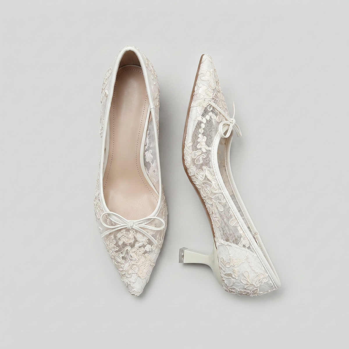 Białe Czółenka Damskie | Koronkowe Czółenka | Kitten Heel | Szpiczasty Nosek | Buty na Ślub