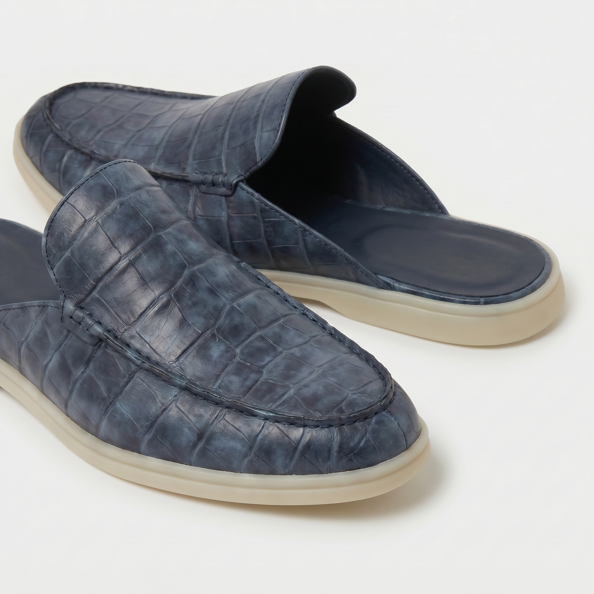 Szaroniebieskie Mokasyny Mule Croco | Skórzane Mokasyny | Wzór Krokodyla | Otwarta Pięta | Eleganckie Buty