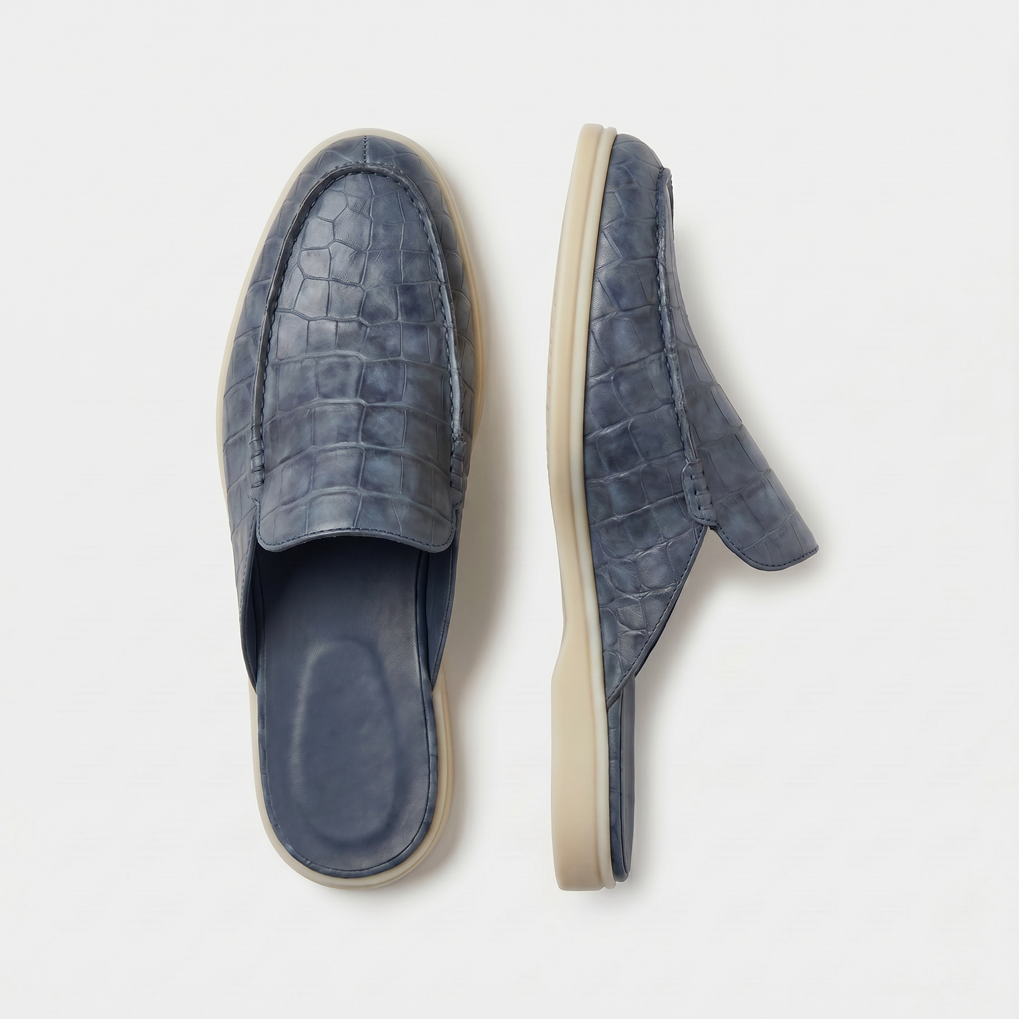 Szaroniebieskie Mokasyny Mule Croco | Skórzane Mokasyny | Wzór Krokodyla | Otwarta Pięta | Eleganckie Buty